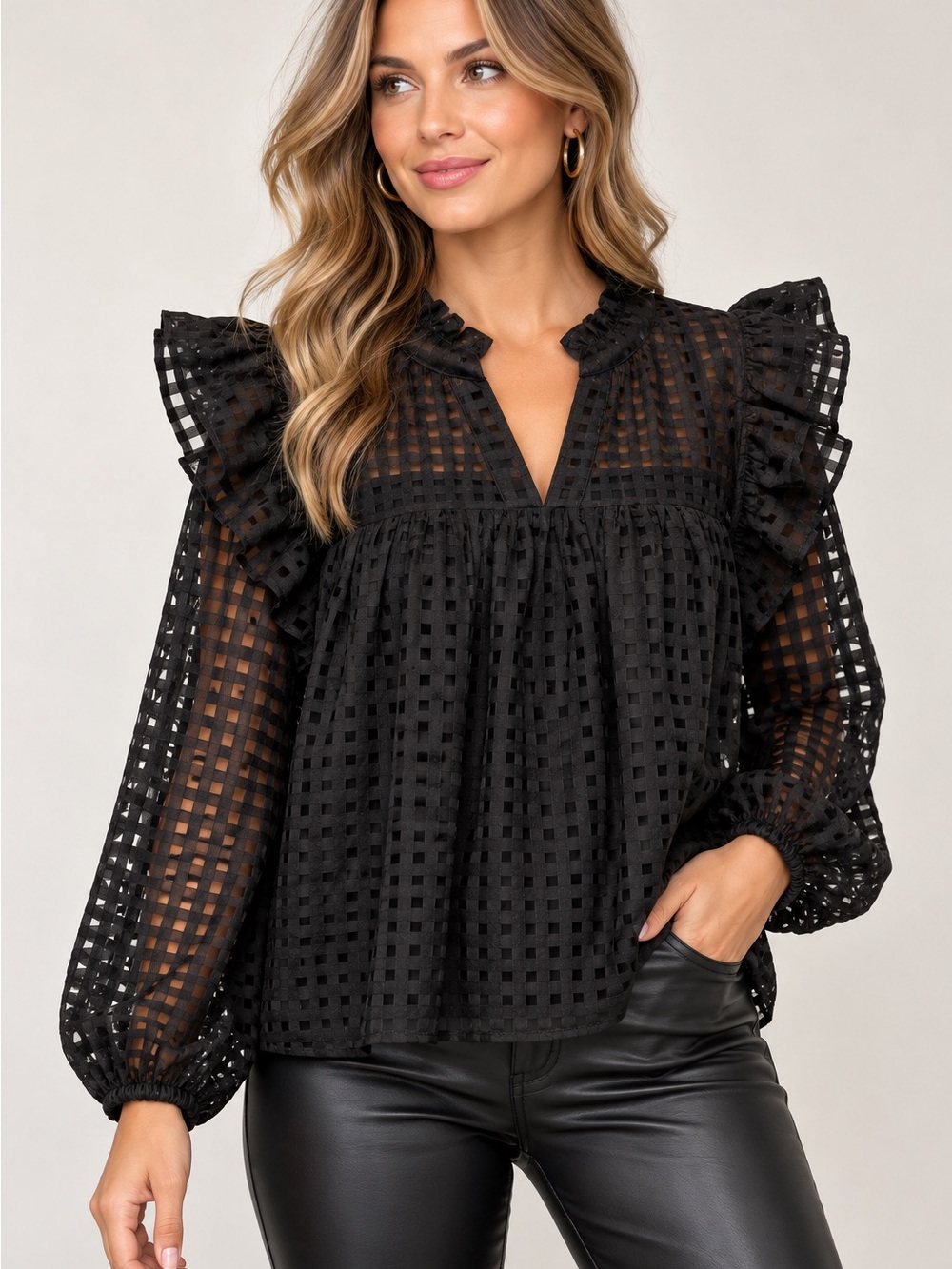 Entro Black Textured Ruffle Shoulder Long Sleeve Blouse Large